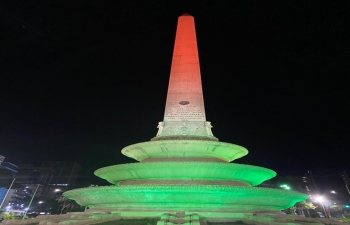 Iconic obelisk at the famous Altamira Square in the heart of Caracas illuminated in the tricolor to mark the 75th Independence Day of India
